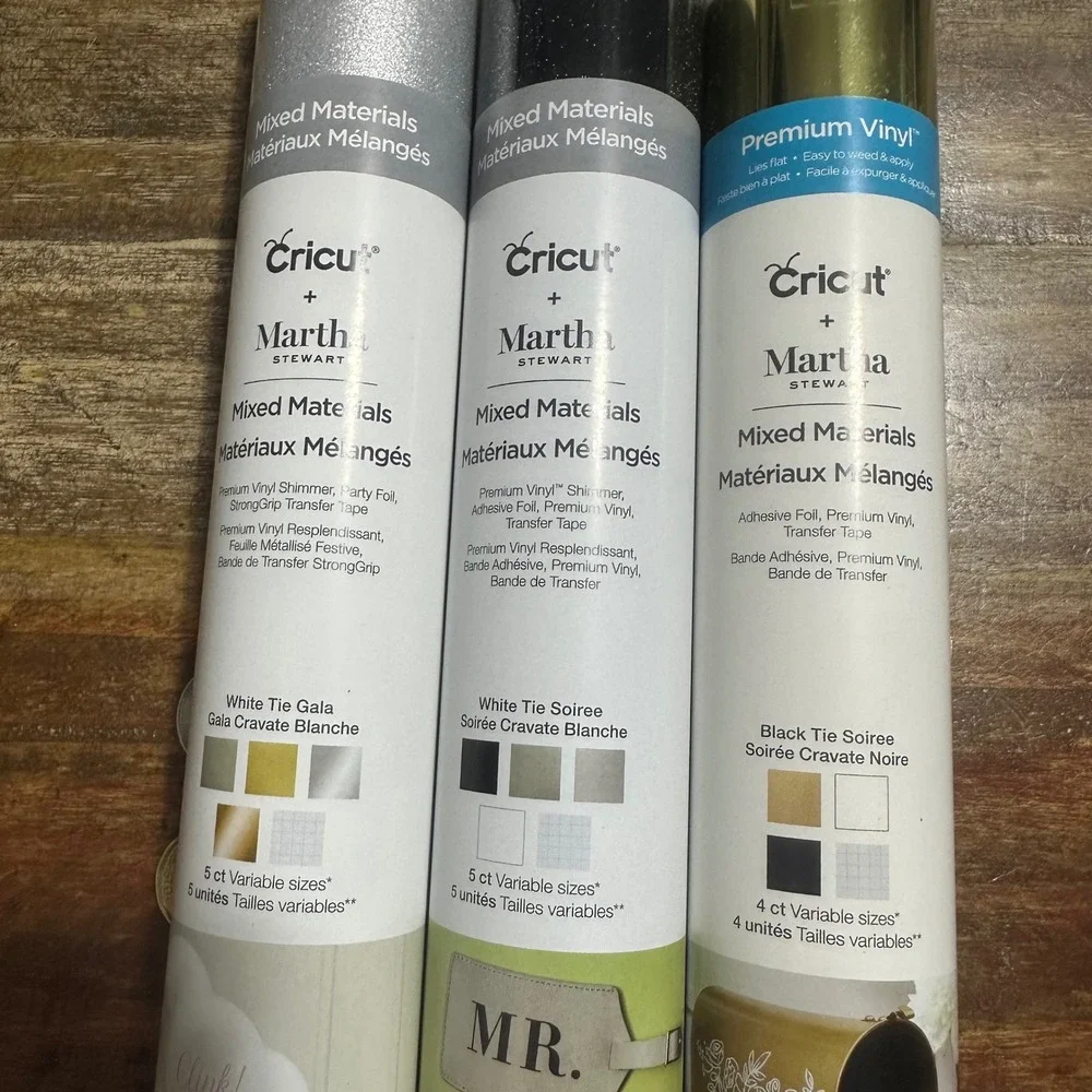 Cricut Martha Stewart Mixed Materials Vinyl Bundle White Black Gold Silver 3pk